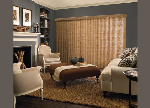 Dallas Family room with grey walls and beige sliding panel tracks.